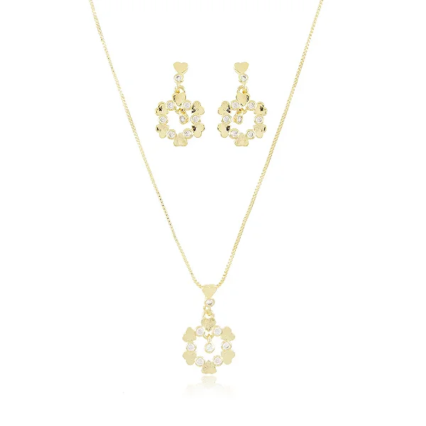 Conjunto Cravejado De Zircônias Cristal (45cm+5cm) • Banhado a Ouro 18k