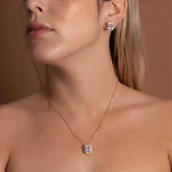 Conjunto Quadrado Cravejado Cristal (45cm+5cm) • Banhado a Ouro 18k