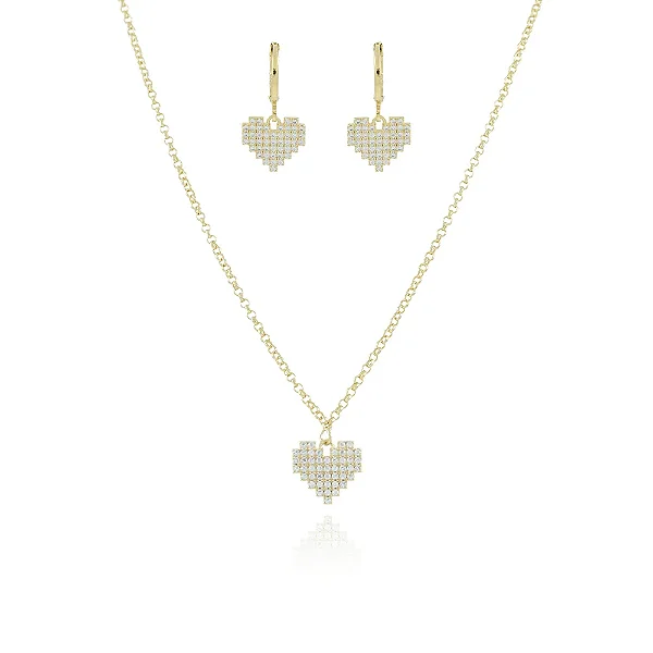 Conjunto De Coração Cravejado De Zircônias Cristais (40cm+5cm) • Banhado a Ouro 18k