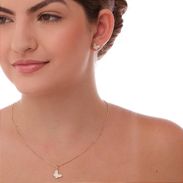 Conjunto de Borboleta Cravejada Cristal • Banhado a Ouro 18k