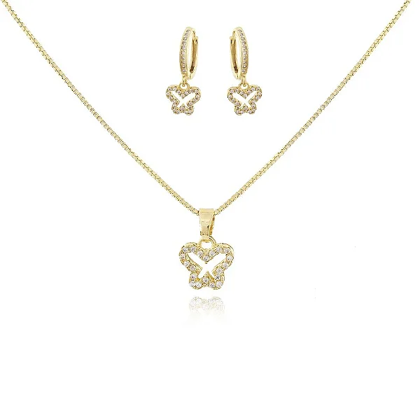 Conjunto Mini Borboleta Cravejada • Banhado a Ouro 18k
