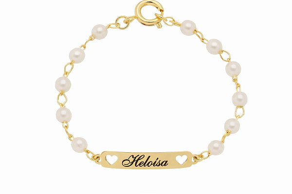 Pulseira Infantil Baby Personalizado Coração Vazado Pérola • Banhado a Ouro ou Prata