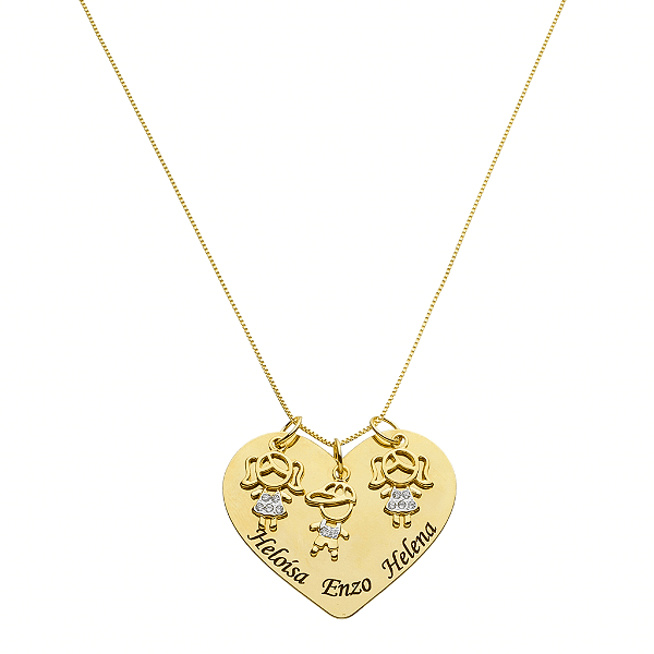 Colar Pingente Coração 3 Bonecos (as) Personalizado com nomes • Banhado a Ouro ou prata