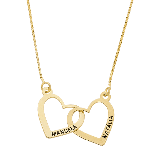 Colar Dois Corações Personalizados com Nomes – Banho Dourado ou Prata