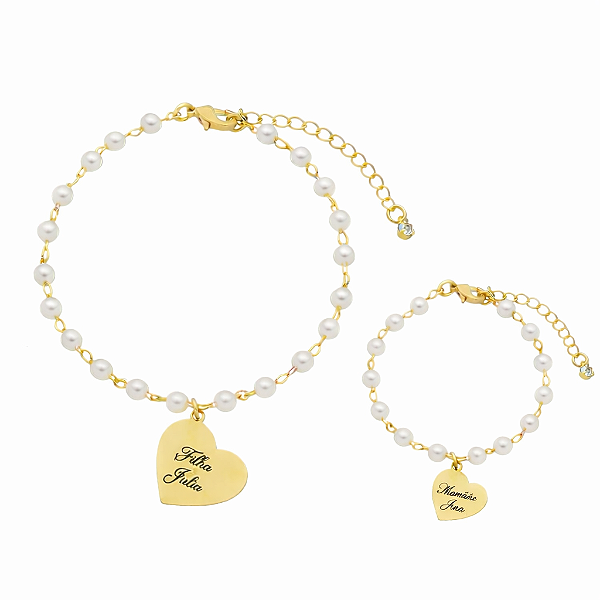Pulseira Tal Mãe tal Filha Pérola Pingente Nome • Banhado a Ouro