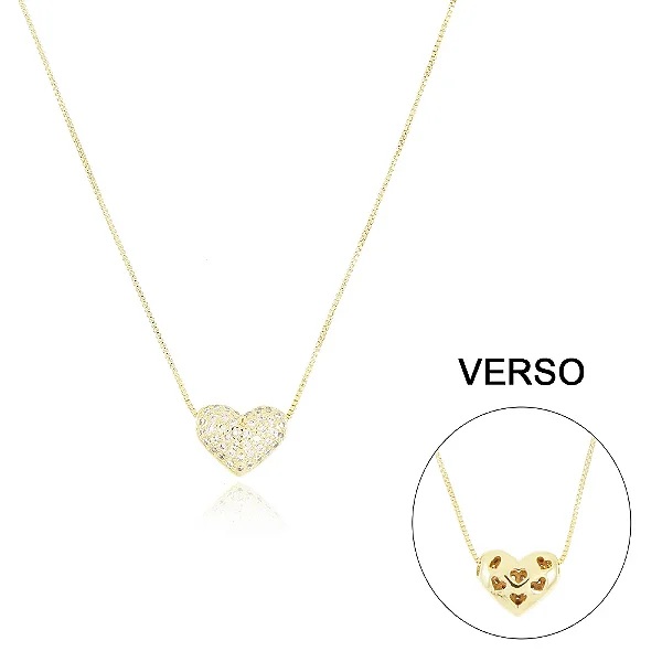 Colar Com Pingente De Coração Cravejado Cristal (40cm+5cm) • Banhado a Ouro 18k