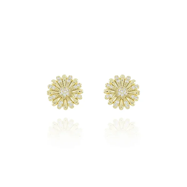 Brinco De Flor Cravejado De Zircônias Cristais • Banhado a Ouro 18k