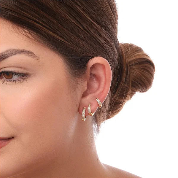 Trio de Argolas Cravejadas 9mm/11mm/14mm • Banhado a Ouro 18k