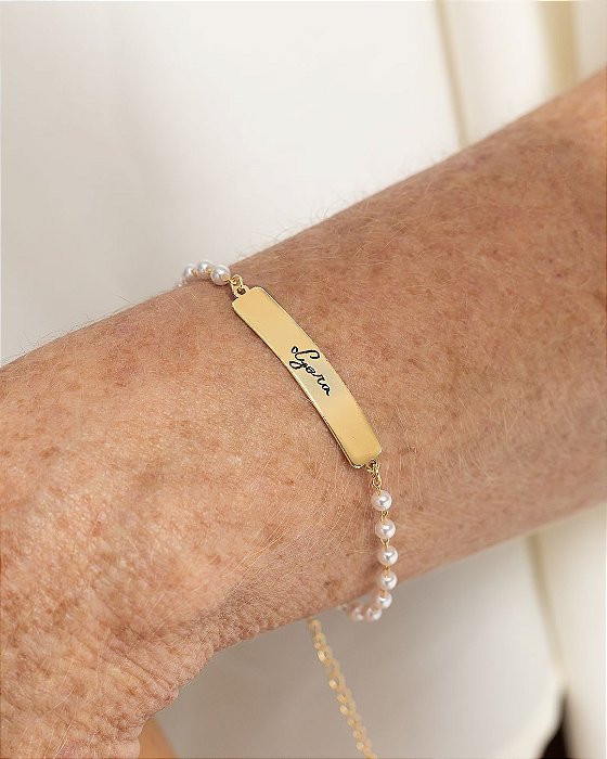Pulseira Personalizada Adulta e Pérolas Personalizada – Banhada a Ouro 18K (17cm)