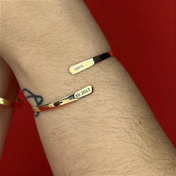 Bracelete Fino com escrita Personalizado Data • Banhado a Ouro 18k