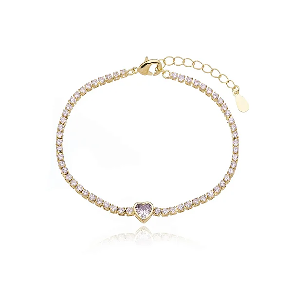 Pulseira Riviera Delicada com Coração Central Cristal • Banhado a Ouro