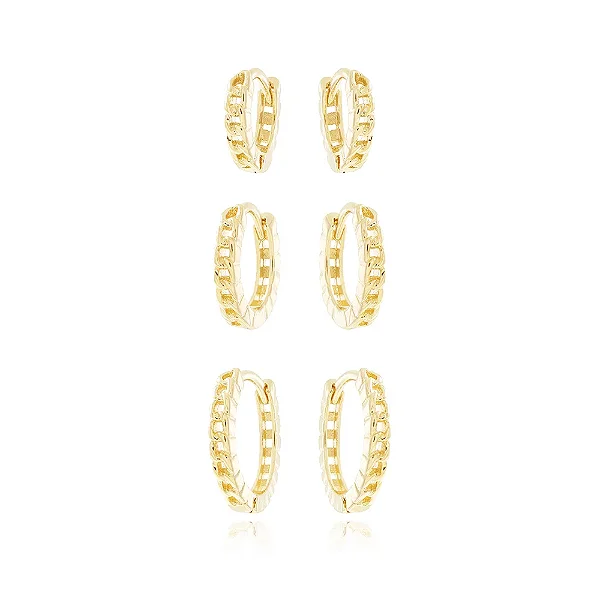 Trio De Brincos De Argola Articulada Detalhada (8,5mm/1,05cm/1,25cm) • Banhado a Ouro 18k