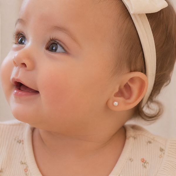 Brinco Pérola 4mm Banhado a Ouro 18K Infantil Feminino com Tarraxa Baby