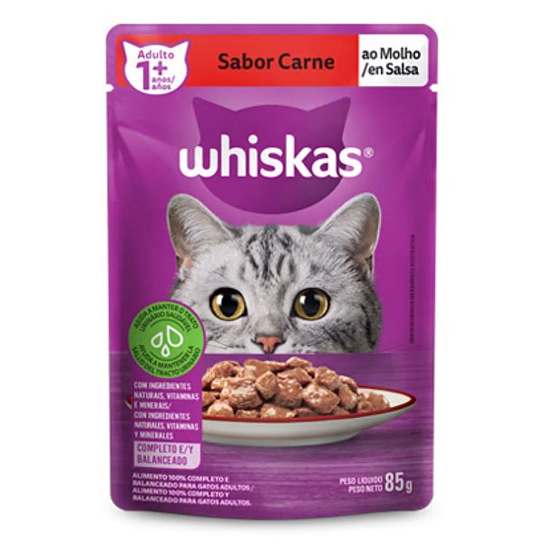 Ração Úmida para Gatos Adultos (+1 ano) Whiskas Sachê - Sabor Carne ao Molho - 85g