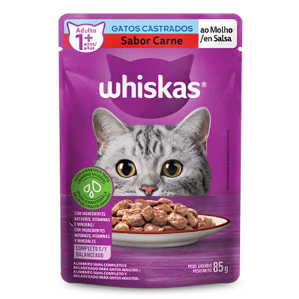 Ração Úmida para Gatos Adultos Castrados (+1 ano) Whiskas Sachê - Sabor Carne ao Molho - 85g