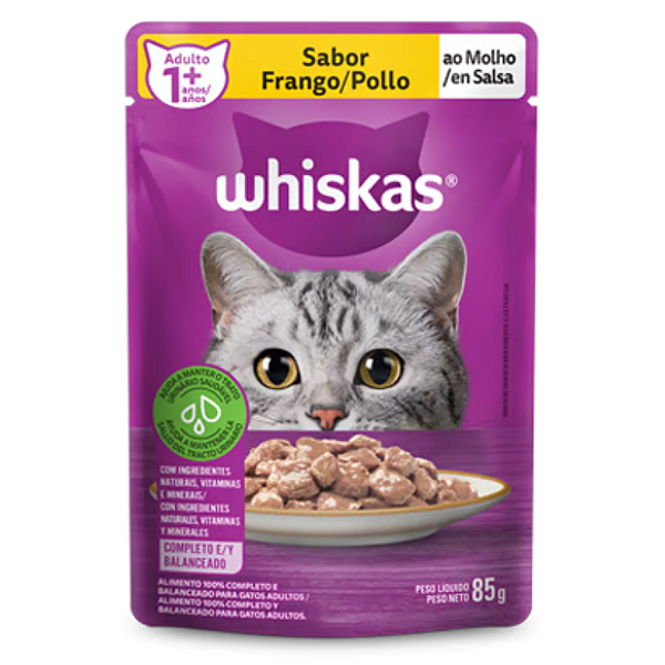 Ração Úmida para Gatos Adultos (+1 ano) Whiskas Sachê - Sabor Frango ao Molho - 85g