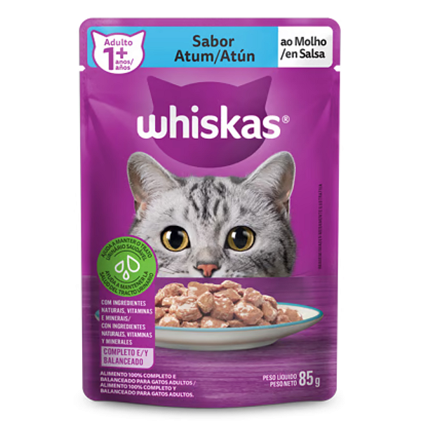 Ração Úmida para Gatos Adultos (+1 ano) Whiskas Sachê - Sabor Atum ao Molho - 85g