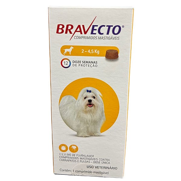 Bravecto 2 - 4,5 Kg   - Comprimidos Mastigáveis Contra Carrapatos e Pulgas - Dose Única -  1 Comprimido