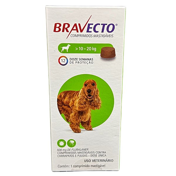 Bravecto 10 - 20 Kg   - Comprimidos Mastigáveis Contra Carrapatos e Pulgas - Dose Única -  1 Comprimido