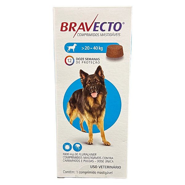 Bravecto 20 - 40 Kg - Comprimidos Mastigáveis Contra Carrapatos e Pulgas - Dose Única -  1 Comprimido