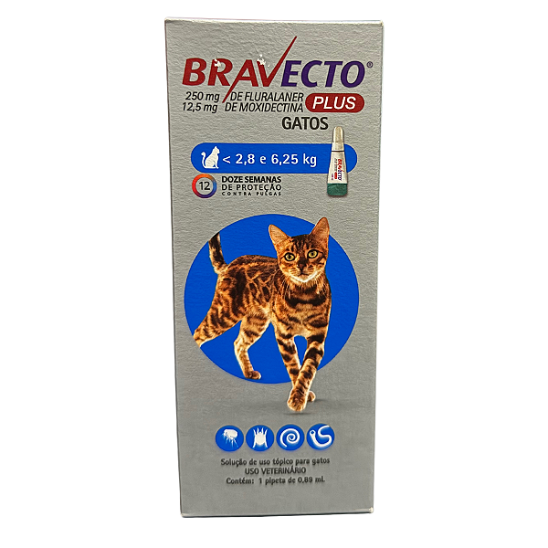 Bravecto Plus Gatos 2,8 - 6,25 Kg - Solução de Uso Tópico Contra Pulgas e Nematódeos Gastrointestinais - Dose Única -  1 Pipeta de 0,89 ml
