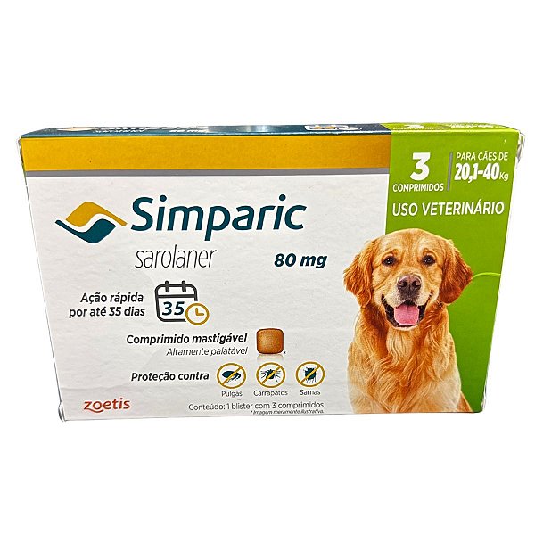 Simparic Sarolaner 80 mg - Cães de 20,1 a 40 Kg - 3 Comprimidos - Proteção Contra Pulgas, Carrapatos e Sarnas