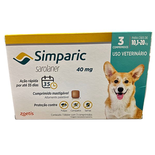 Simparic Sarolaner 40 mg - Cães de 10,1 a 20 Kg - 3 Comprimidos - Proteção Contra Pulgas, Carrapatos e Sarnas