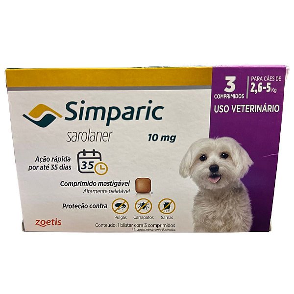 Simparic Sarolaner 10 mg - Cães de 2,6 a 5 Kg - 3 Comprimidos - Proteção Contra Pulgas, Carrapatos e Sarnas