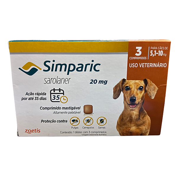 Simparic Sarolaner 20 mg - Cães de 5,1 a 10 Kg - 3 Comprimidos - Proteção Contra Pulgas, Carrapatos e Sarnas