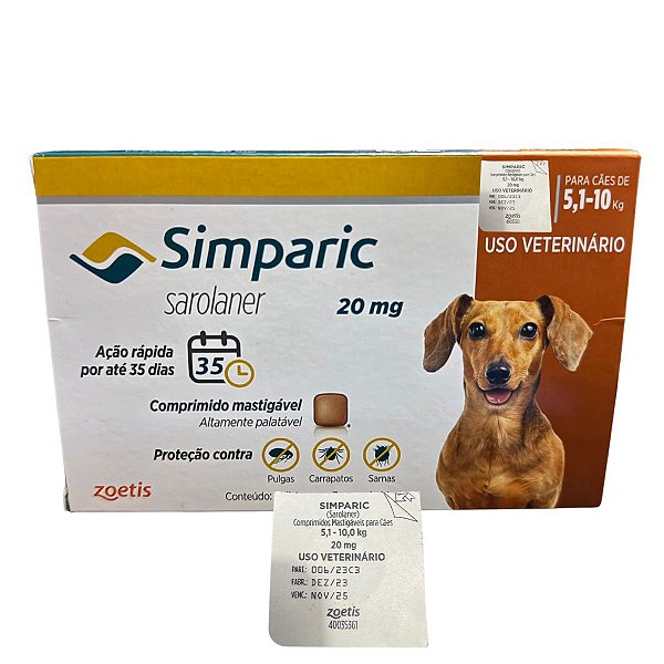 Simparic Sarolaner 20 mg - Cães de 5,1 a 10 Kg - 1 Comprimido Avulso - Proteção Contra Pulgas, Carrapatos e Sarnas