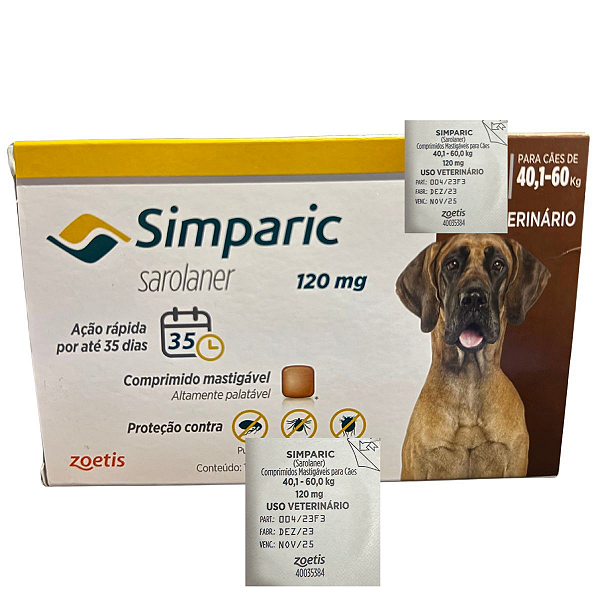Simparic Sarolaner 120 mg - Cães de 40,1 a 60 Kg - 1 Comprimido Avulso - Proteção Contra Pulgas, Carrapatos e Sarnas