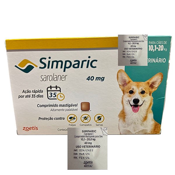 Simparic Sarolaner 40 mg - Cães de 10,1 a 20 Kg - 1 Comprimido Avulso - Proteção Contra Pulgas, Carrapatos e Sarnas