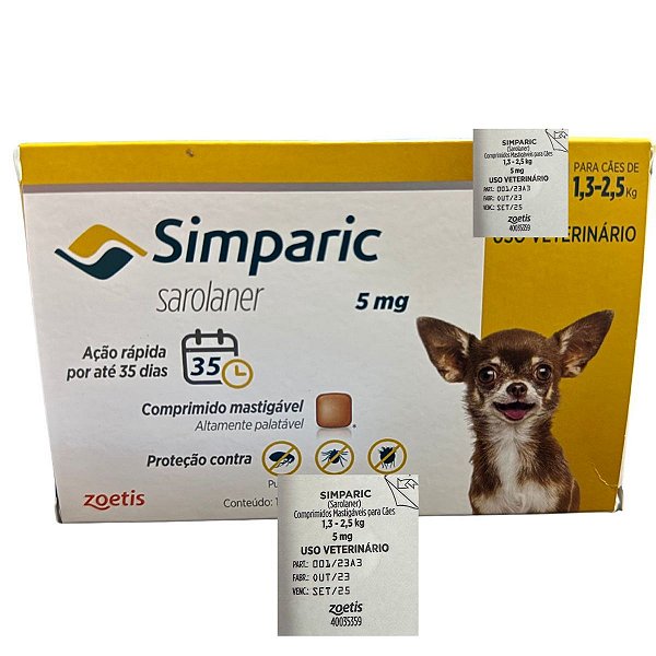 Simparic Sarolaner 5 mg - Cães de 1,3 a 2,5 Kg - 1 Comprimido Avulso - Proteção Contra Pulgas, Carrapatos e Sarnas
