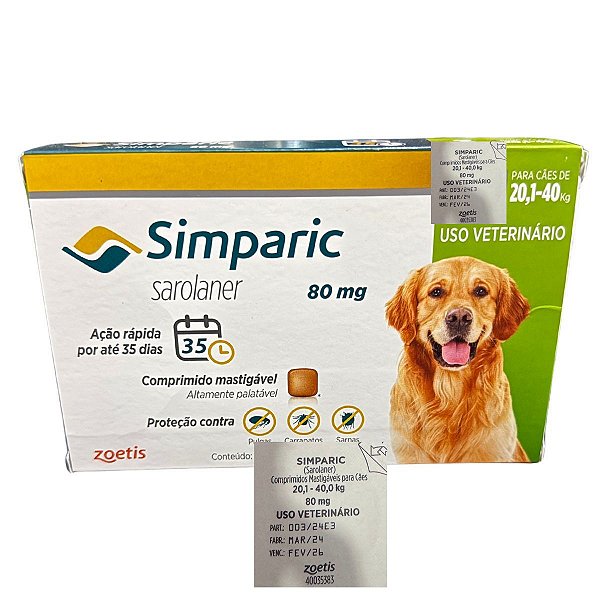 Simparic Sarolaner 80 mg - Cães de 20,1 a 40 Kg - 1 Comprimido Avulso - Proteção Contra Pulgas, Carrapatos e Sarnas