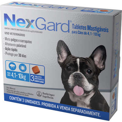 NexGard Afoxolaner - Cães de 4,1 a 10 Kg - 3 Tabletes Mastigáveis - Sabor Carne - Contra Pulgas e Carrapatos