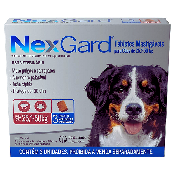 NexGard Afoxolaner - Cães de 25,1 a 50 Kg - 3 Tabletes Mastigáveis - Sabor Carne - Contra Pulgas e Carrapatos