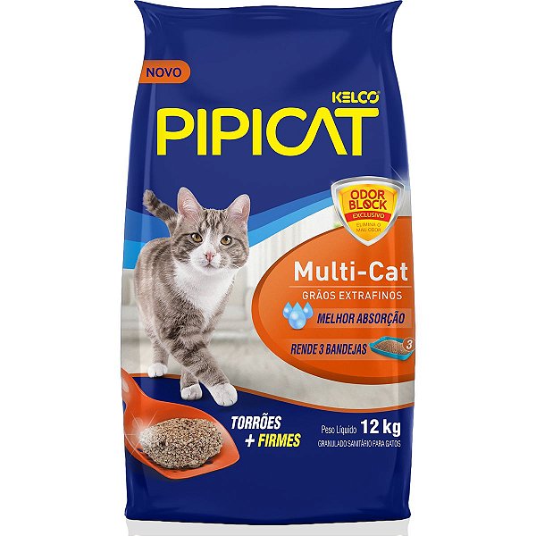Pipicat Multi-Cat 12 KG - Granulado Sanitário Para Gatos - Grãos Extra Finos - Sem Fragrância