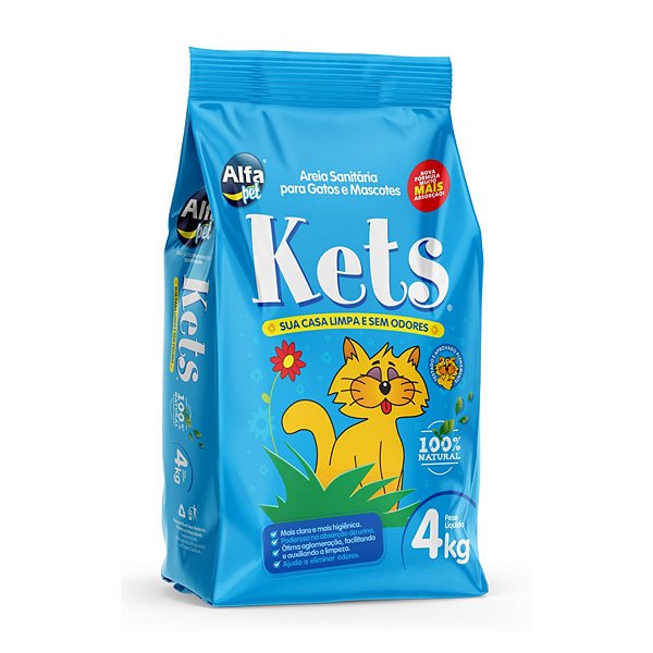 Areia Sanitária Natural para Gatos e Mascotes Kets 4KG - Granulado Tradicional, Higiênica e Elimina Odores
