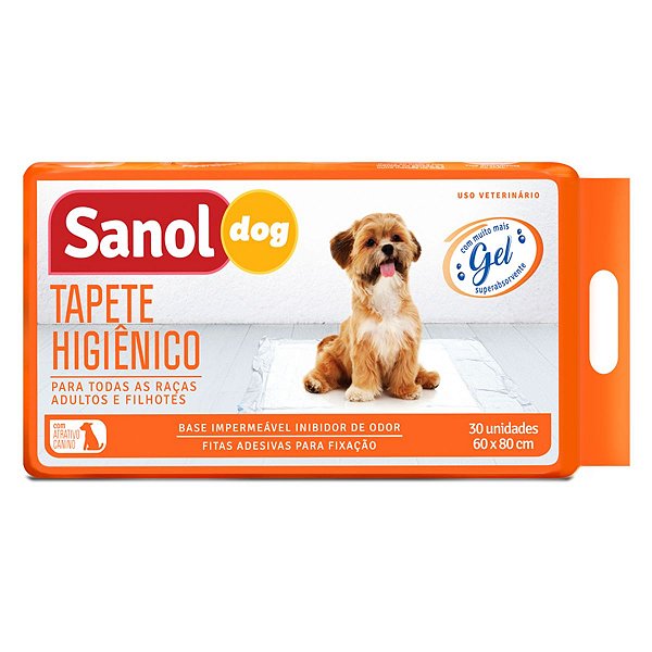 Tapete Higiênico Sanol Dog 60cm x 80cm - 30 unidades - Super Absorvente - Cachorros Adultos e Filhotes - Fita Adesiva Fixação