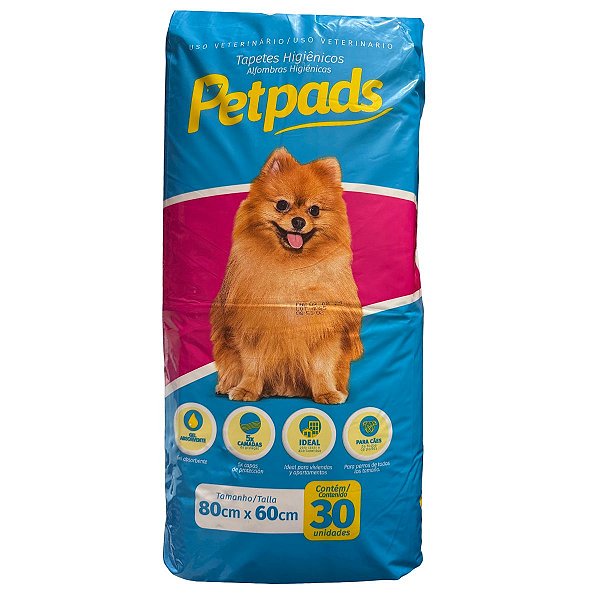 Tapete Higiênico 80cm x 60cm Pet Pads - 30 Unidades - Cachorros todos os portes - Fitas Adesivas Fixação