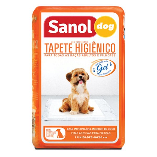 Tapete Higiênico Sanol Dog 60cm x 80cm - 7 unidades - Super Absorvente - Cachorros Adultos e Filhotes - Fita Adesiva Fixação