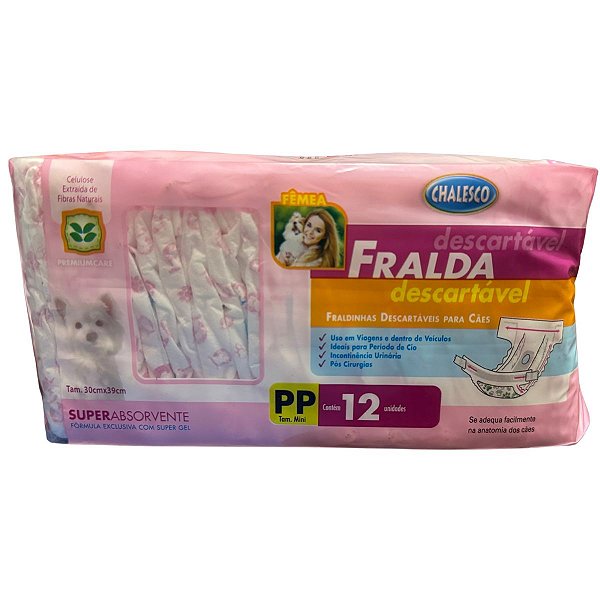 Fralda Descartável Cachorro Fêmea 30cm X 39cm - Fraldinhas para Cães - Tamanho PP - Absorvente - Contém 12 unidades - Chalesco