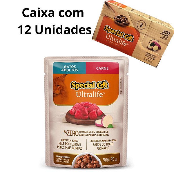 Ração Úmida Sachê Special Cat Ultralife Caixa 12 Unidades - Gatos Adultos - Sabor Carne com Batata Doce - 85g