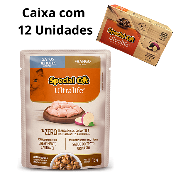 Ração Úmida Sachê Special Cat Ultralife Caixa 12 Unidades - Gatos Filhotes - Sabor Frango com Batata Doce - 85g Cada