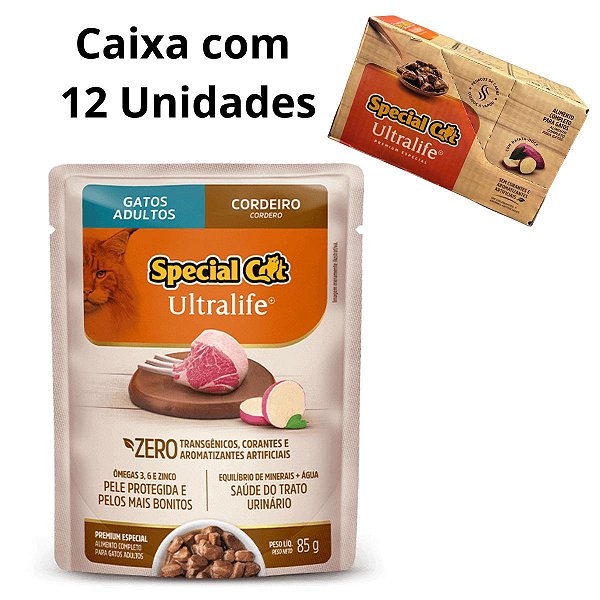 Ração Úmida Sachê Special Cat Ultralife Caixa 12 Unidades - Gatos Adultos - Sabor Cordeiro com Batata Doce - 85g Cada