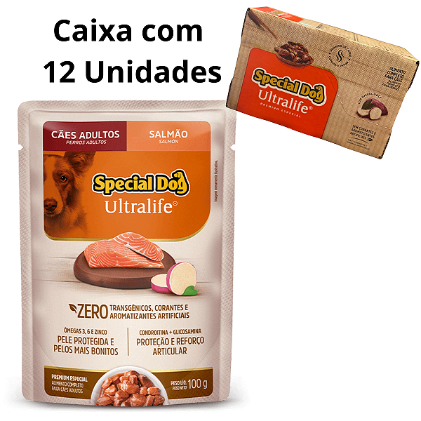Ração Úmida Sachê Special Dog Ultralife Caixa 12 Unidades - Cães Adultos - Sabor Salmão com Batata Doce - 100g Cada