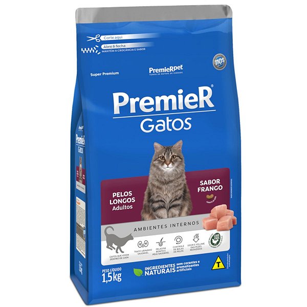Ração Premier Super Premium Gatos Adultos Pelos Longos 1,5Kg - Ambientes Internos - Sabor Frango