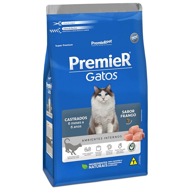 Ração Premier Super Premium Gatos Castrados 6 Meses a 6 Anos 1,5Kg - Ambientes Internos - Sabor Frango