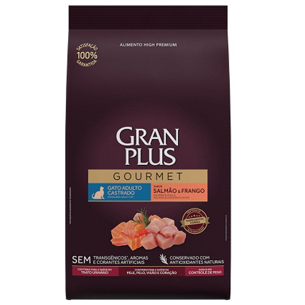 Ração GranPlus Gourmet Gato Adulto Castrado 3Kg - Sabor Salmão e Frango - Alimento High Premium