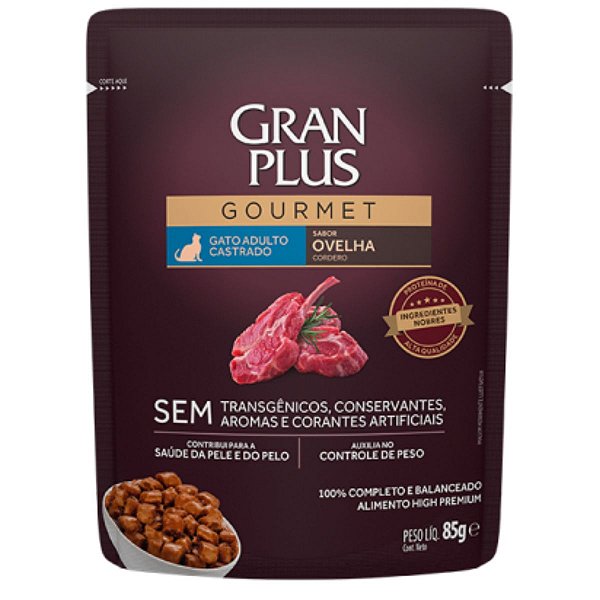 Sachê GranPlus Gourmet Gato Adulto Castrado Sabor Ovelha 85g - Ração Úmida